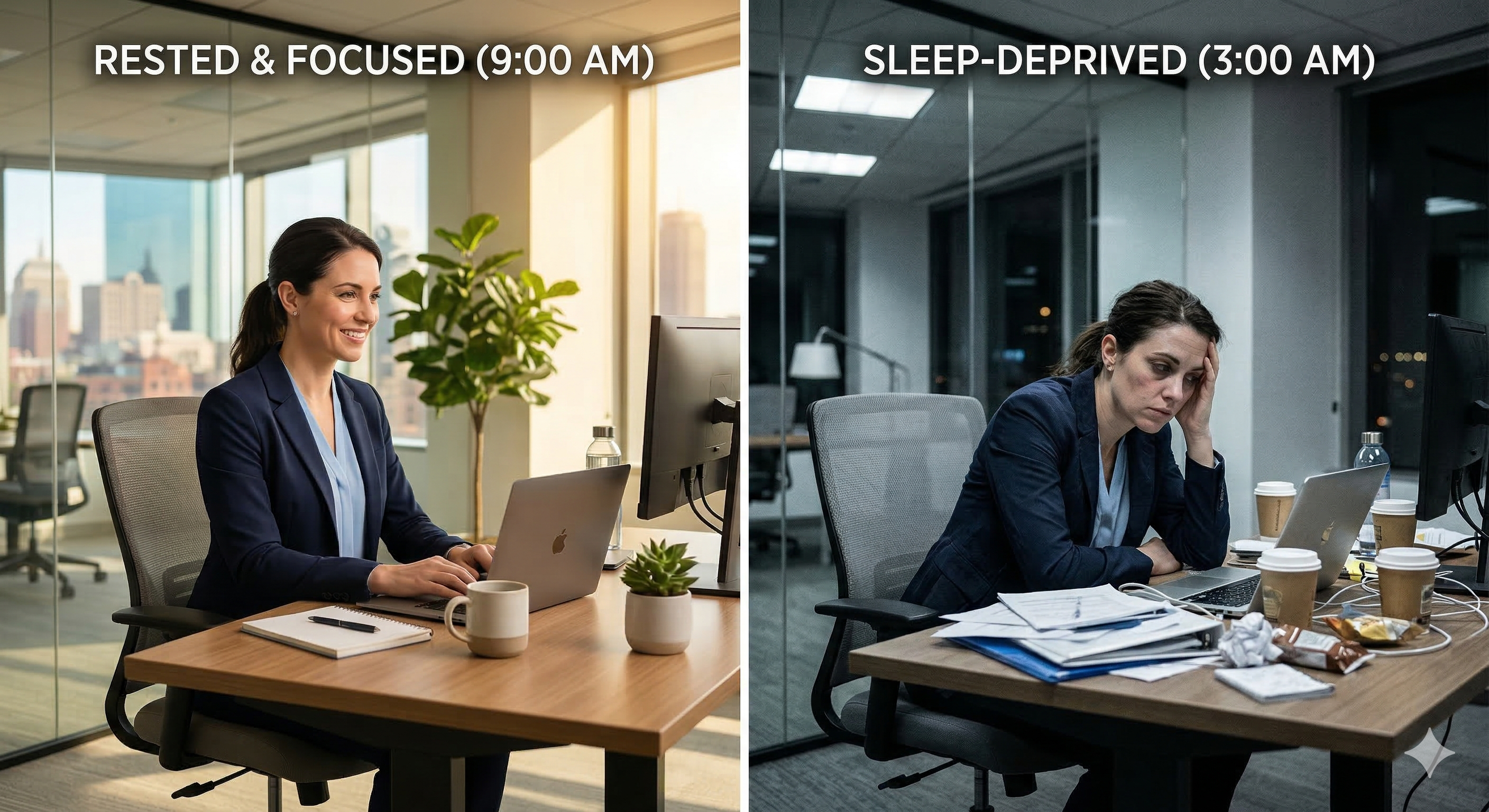 Comparison of rested versus sleep deprived professional showing impact of sleep on work performance
