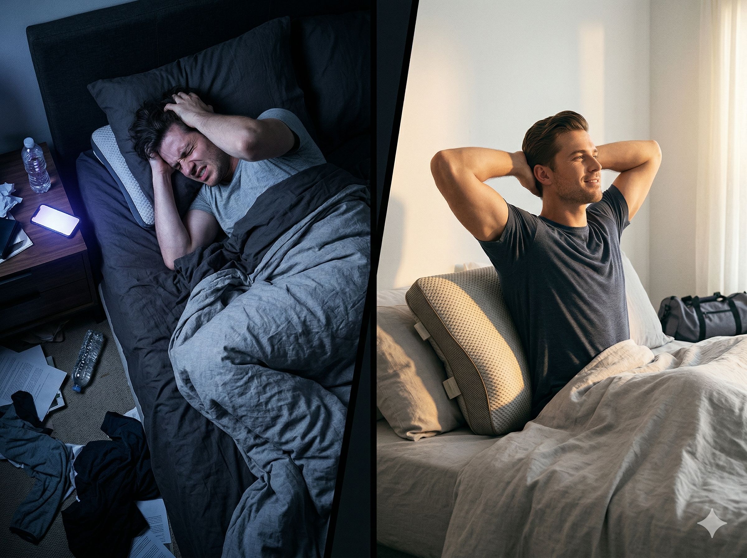 Split image of an exhausted person struggling to sleep versus a well-rested individual waking up energized, highlighting the impact of sleep quality and pillow support on performance and recovery.