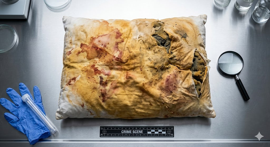 Cross section of old pillow showing years of sweat stains dust mites and compressed fill buildup