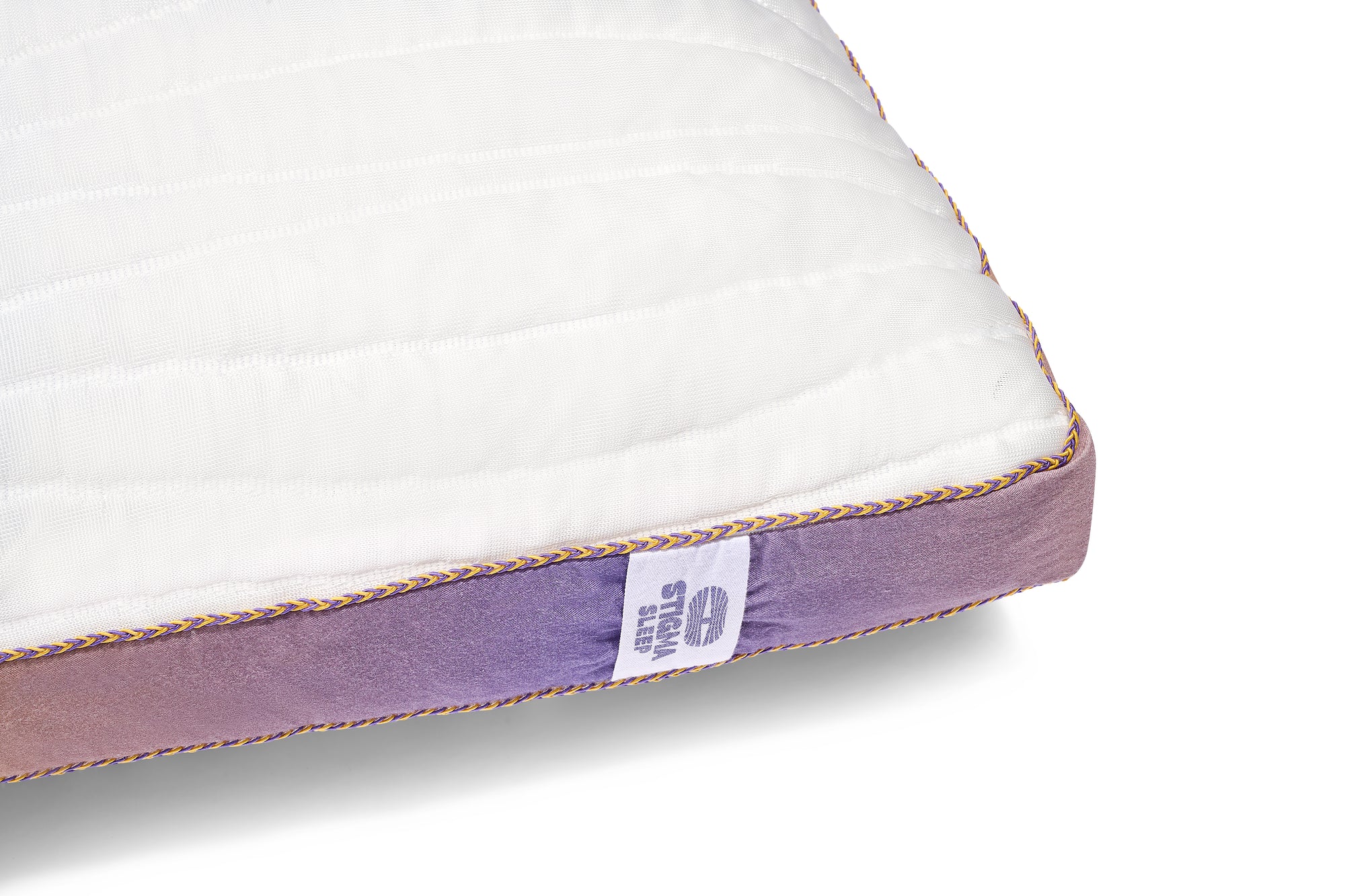 Close up pillow, purple and orange gradient gusset, with a brand label on a white background