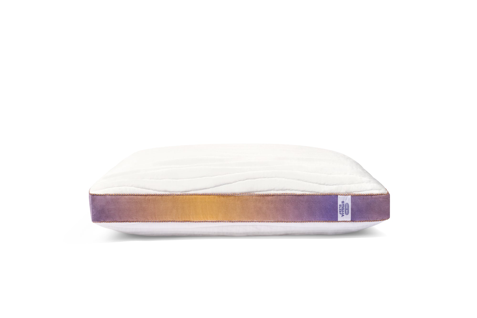 White pillow with gradient purple and orange base on a white background